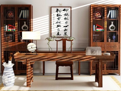中式书房桌椅书架组合模型3d模型