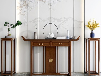 3d新中式古典实木玄关柜模型