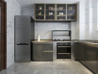 3d黑灰銅條玻璃門廚房模型