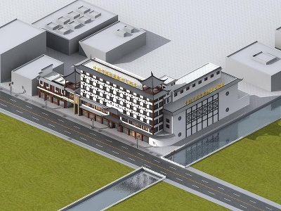 3d中式酒店门头建筑外观模型