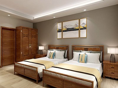 3d新中式卧室茶室民宿模型