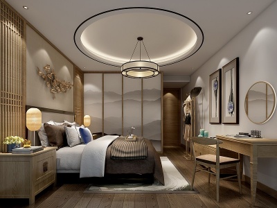 3d新中式主卧卧室模型
