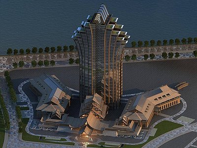 3d东南亚风格酒店建筑外观模型