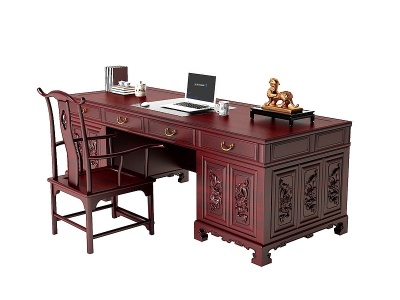 3d中式古典实木书桌椅模型