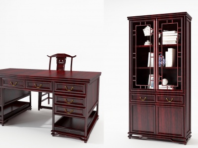 3d中式古典红木书桌椅模型