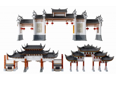 3d中式古建牌坊门楼入口模型