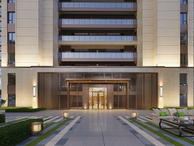 3d新中式高层住宅楼门厅入口模型