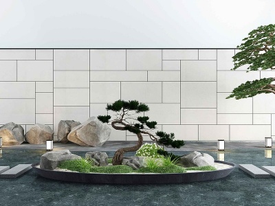 3d新中式庭院松树石头模型