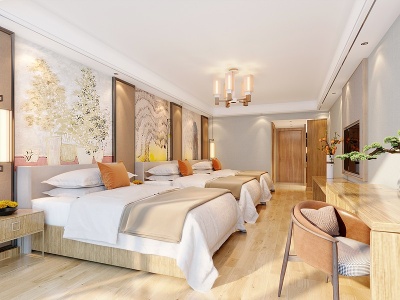 3d新中式酒店卧室模型