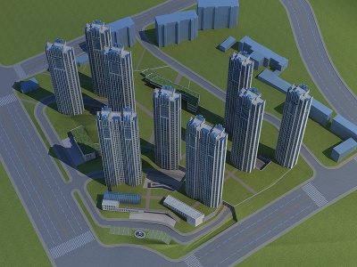 3d现代高层住宅楼商业鸟瞰模型