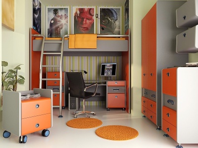 3d现代宿舍上下铺儿童卧室模型