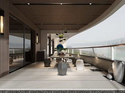 3d新中式阳台露台茶桌模型