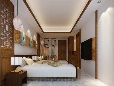 3d中式民宿休息区客房套房模型