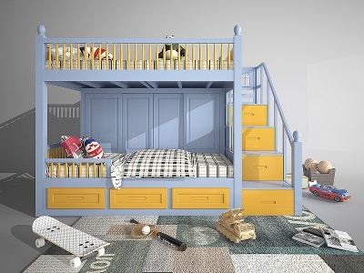 3d美式欧式上下铺儿童床模型