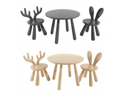 3d北欧原木儿童动物桌椅模型