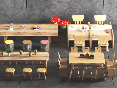 3d北欧幼儿园儿童课桌椅模型