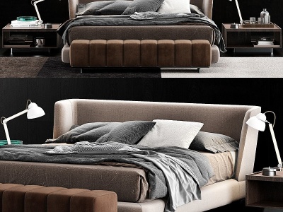 现代布艺双人床床头柜组合模型