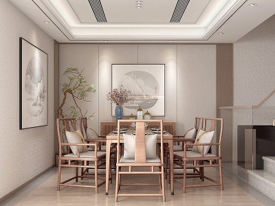 3d新中式餐厅餐桌椅模型