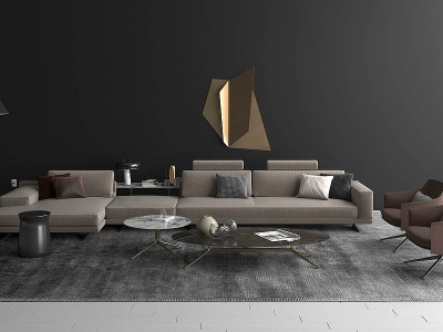 现代转角沙发茶几组合模型