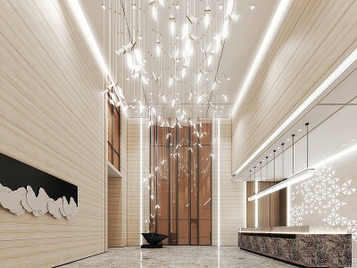 3d新中式酒店会所大厅大堂模型