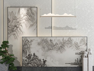 3d新中式山水屏风画模型