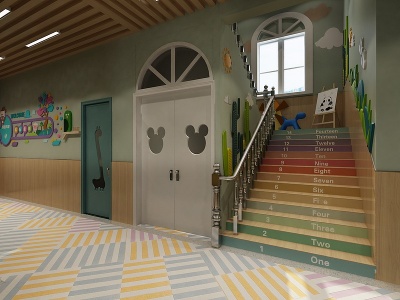 3d现代幼儿园大厅前台过道模型