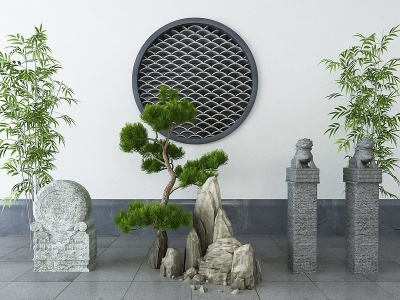 3d新中式松树石头景观小品模型