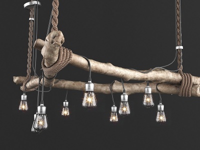3d工业LOFT树枝麻绳灯泡吊灯模型