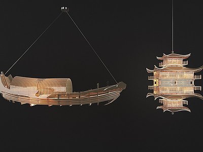 3d新中式古建船型吊灯模型