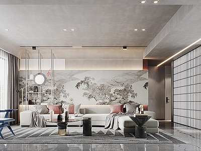 3d现代新中式客厅模型