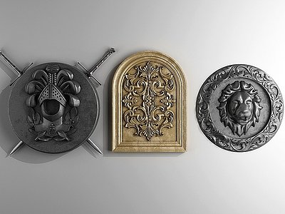 3d欧式盾牌雕花狮子墙饰模型