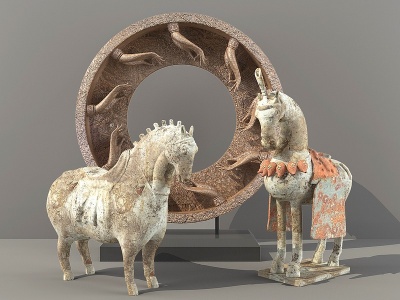3d陶土陶俑彩陶马匹古董摆件模型