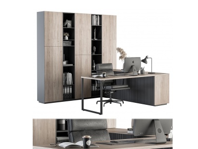 3d现代经理办公桌书柜模型