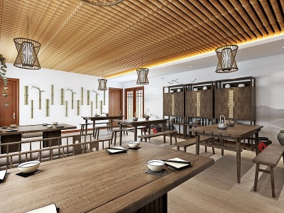 3d新中式民宿餐厅模型