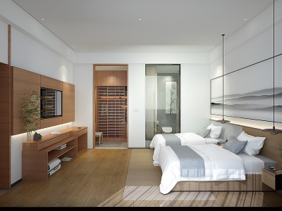 3d新中式酒店双人床客房模型