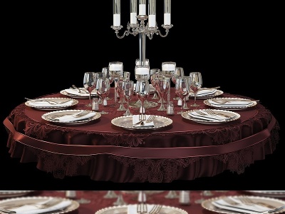 歐式圓形餐桌桌布餐具燭臺模型3d模型