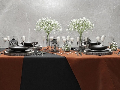 方形长条桌布餐具模型3d模型