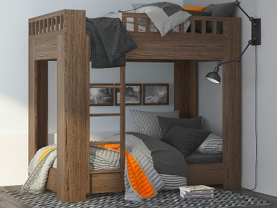 3d现代木质上下铺儿童床模型