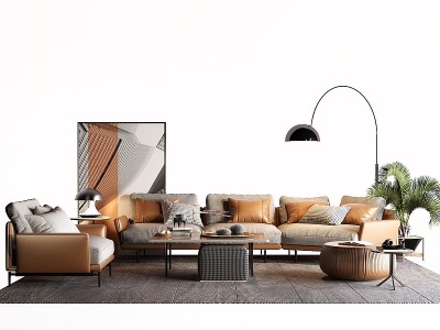 3d现代皮革沙发茶几组合模型