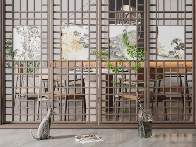 3d新中式茶餐厅屏风模型