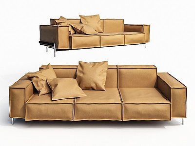 3d现代黄色皮革双人沙发模型