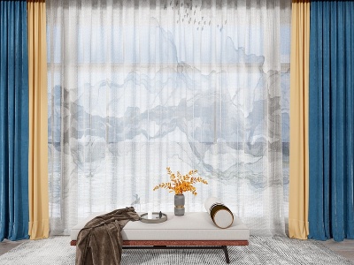 3d新中式客厅双层窗帘模型