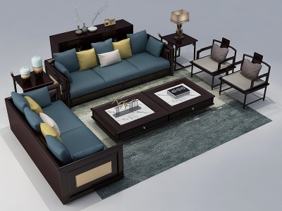 3d新中式实木沙发茶几组合模型