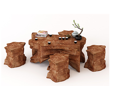 3d新中式茶几凳子组合模型