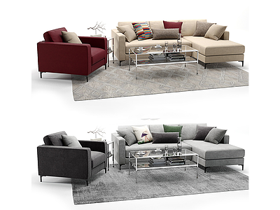 现代布艺转角沙发茶几组合模型3d模型