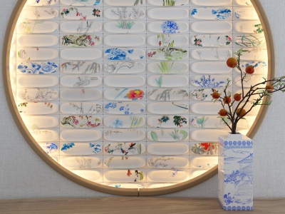 新中式青花瓷背景墙模型3d模型