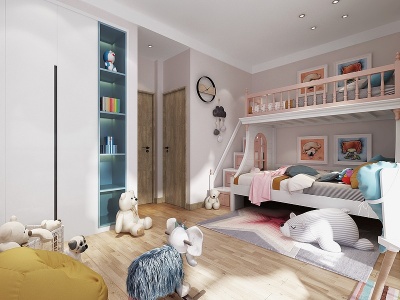 3d现代卧室木马高低床模型