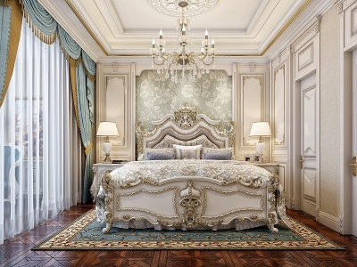 3d法式卧室床具窗帘背景墙模型