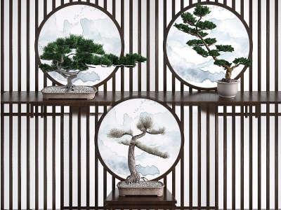 3d新中式迎客松盆栽植物组合模型