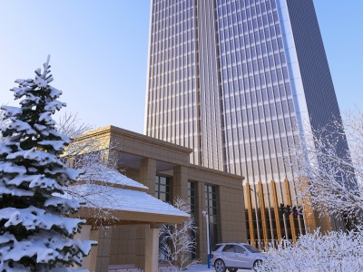 3d现代办公楼外观雪景模型